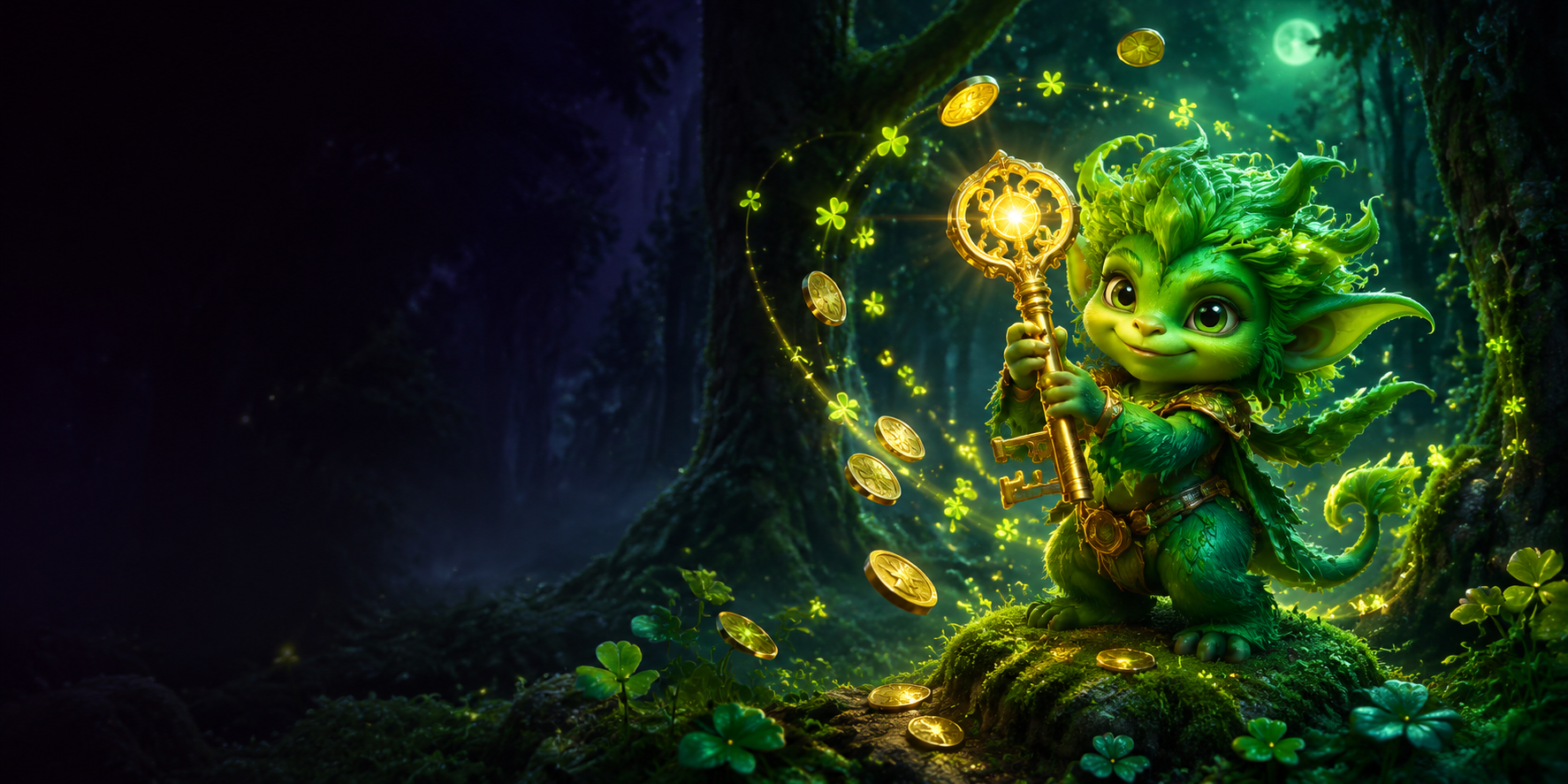 Magische grüne Glücksfigur mit Goldmünzen und leuchtendem Schlüssel